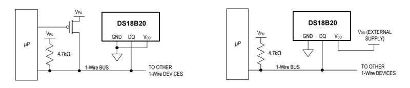 Слева схема подключения датчика в паразитном режиме, справа — в обычном